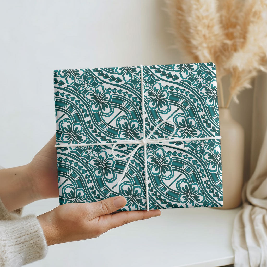 Hibiscus Bloom Island Tribal Waves Wrapping Paper Teal Polynesian Pattern LT01 - Polynesian Pride