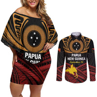 Papua New Guinea Bird of Paradise Couples Matching Off Shoulder Short Dress and Long Sleeve Button Shirt 16 September 1975 Independence Day Anniversary LT01 Black - Polynesian Pride