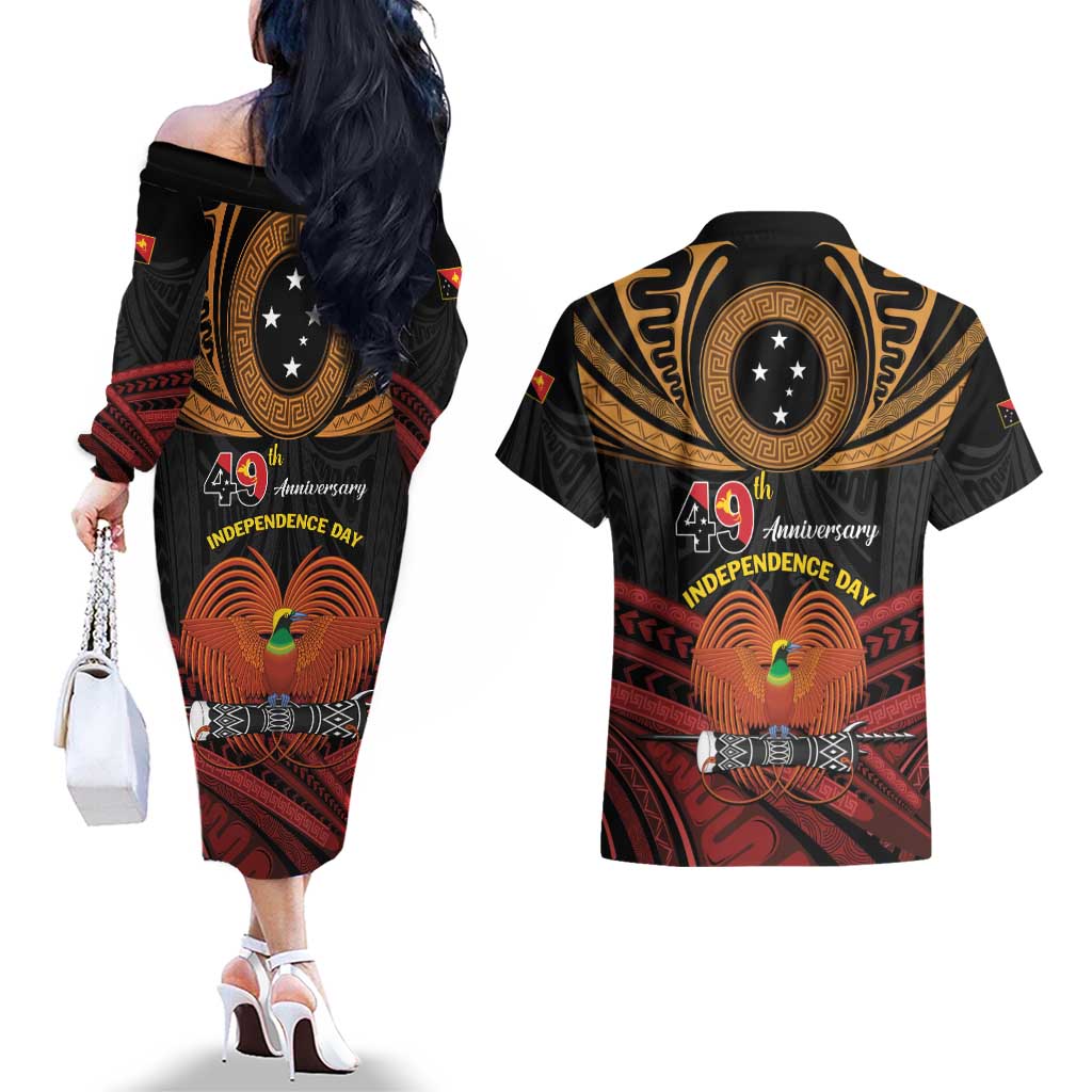 Papua New Guinea Bird of Paradise Couples Matching Off The Shoulder Long Sleeve Dress and Hawaiian Shirt 16 September 1975 Independence Day Anniversary LT01 - Polynesian Pride