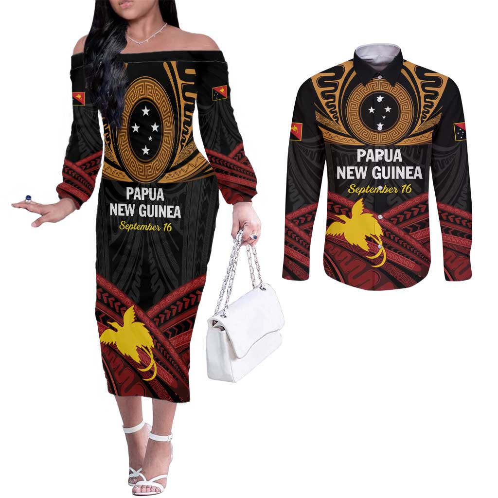 Papua New Guinea Bird of Paradise Couples Matching Off The Shoulder Long Sleeve Dress and Long Sleeve Button Shirt 16 September 1975 Independence Day Anniversary LT01 Black - Polynesian Pride