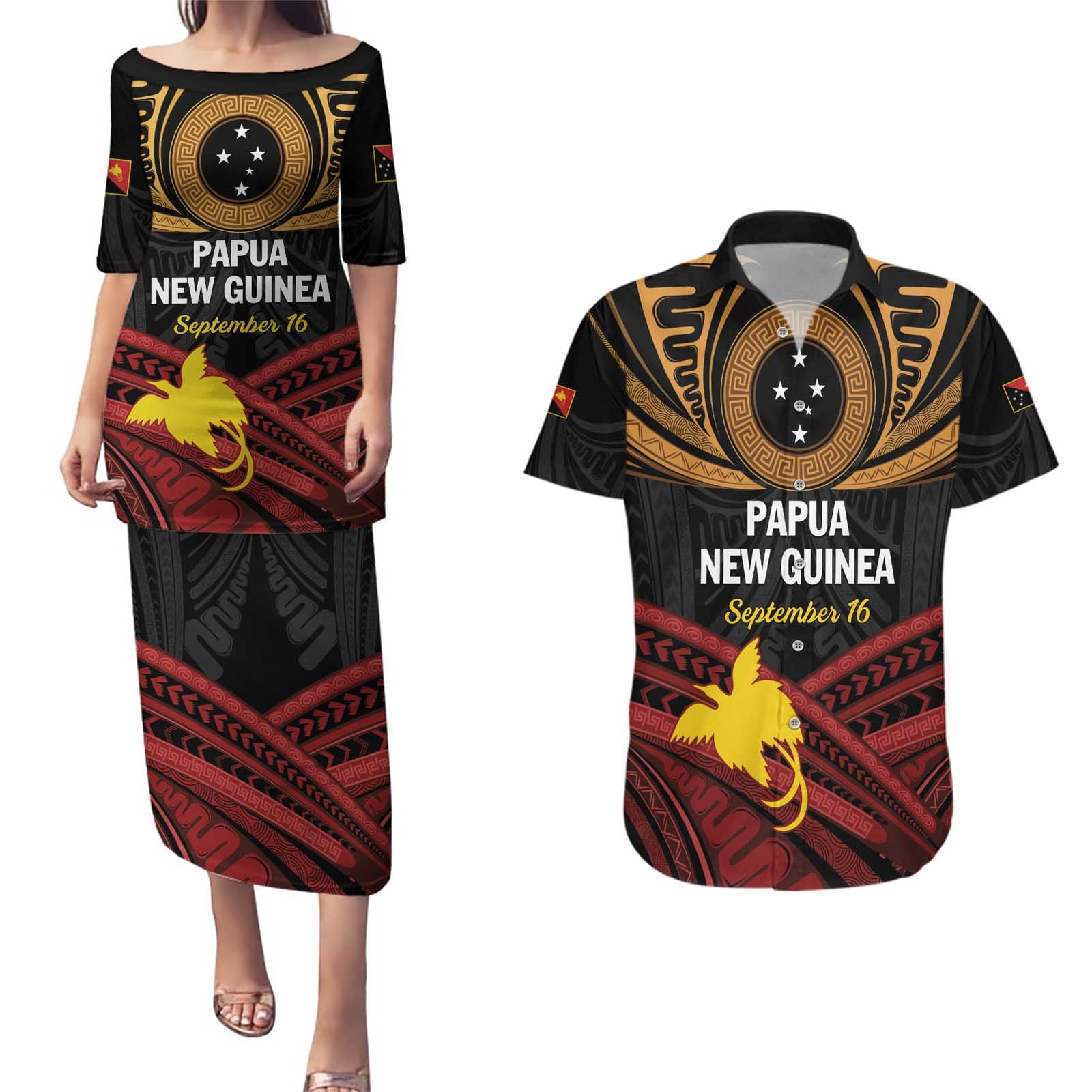 Papua New Guinea Bird of Paradise Couples Matching Puletasi and Hawaiian Shirt 16 September 1975 Independence Day Anniversary