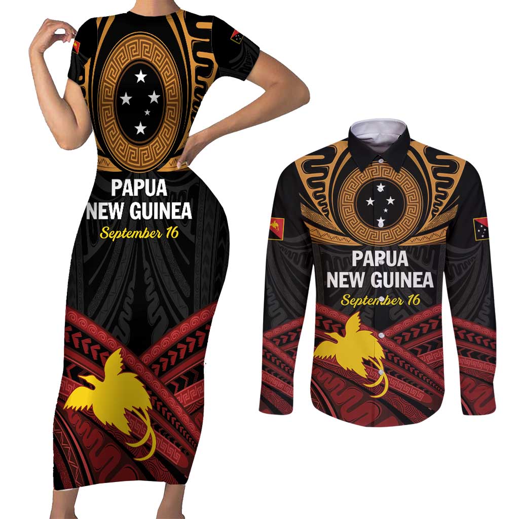 Papua New Guinea Bird of Paradise Couples Matching Short Sleeve Bodycon Dress and Long Sleeve Button Shirt 16 September 1975 Independence Day Anniversary LT01 Black - Polynesian Pride