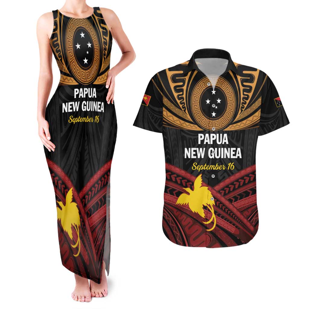 Papua New Guinea Bird of Paradise Couples Matching Tank Maxi Dress and Hawaiian Shirt 16 September 1975 Independence Day Anniversary LT01 Black - Polynesian Pride