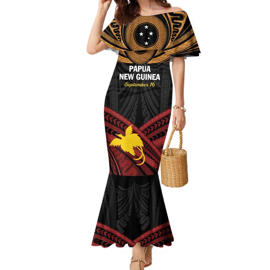 Papua New Guinea Bird of Paradise Family Matching Mermaid Dress and Hawaiian Shirt 16 September 1975 Independence Day Anniversary LT01 Mom's Dress Black - Polynesian Pride