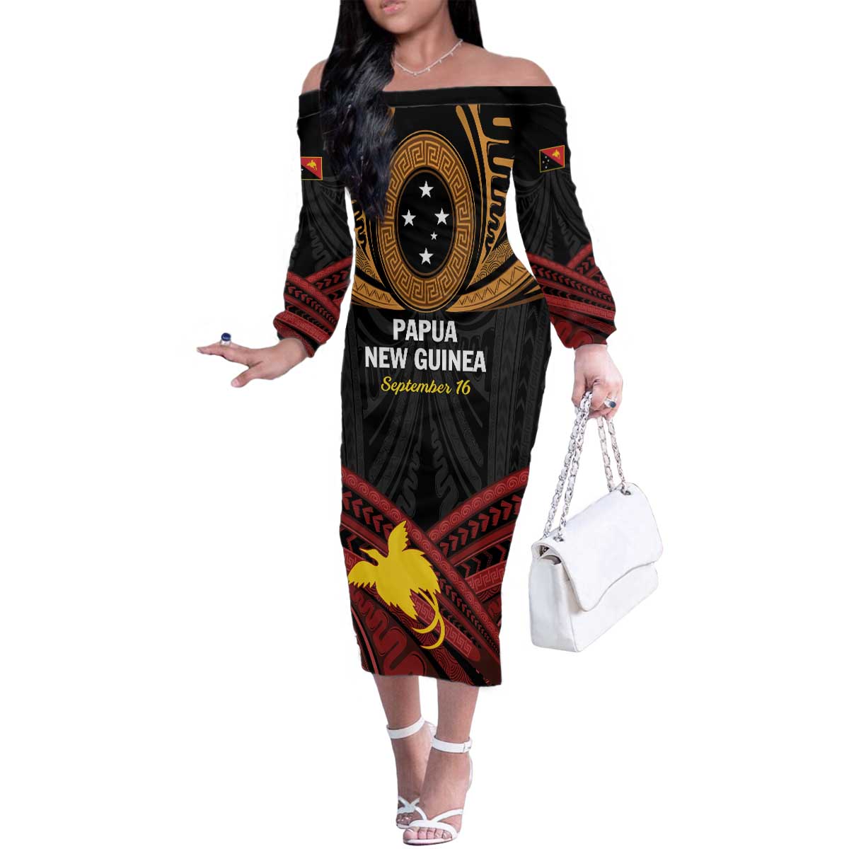 Papua New Guinea Bird of Paradise Family Matching Off The Shoulder Long Sleeve Dress and Hawaiian Shirt 16 September 1975 Independence Day Anniversary LT01 Mom's Dress Black - Polynesian Pride