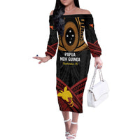 Papua New Guinea Bird of Paradise Family Matching Off The Shoulder Long Sleeve Dress and Hawaiian Shirt 16 September 1975 Independence Day Anniversary LT01 Mom's Dress Black - Polynesian Pride