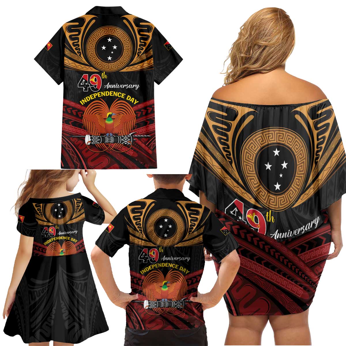 Papua New Guinea Bird of Paradise Family Matching Off Shoulder Short Dress and Hawaiian Shirt 16 September 1975 Independence Day Anniversary LT01 - Polynesian Pride