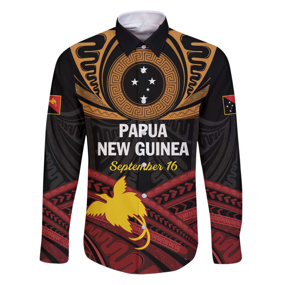 Papua New Guinea Bird of Paradise Family Matching Puletasi and Hawaiian Shirt 16 September 1975 Independence Day Anniversary LT01 Dad's Shirt - Long Sleeve Black - Polynesian Pride