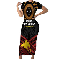Papua New Guinea Bird of Paradise Family Matching Short Sleeve Bodycon Dress and Hawaiian Shirt 16 September 1975 Independence Day Anniversary LT01 Mom's Dress Black - Polynesian Pride