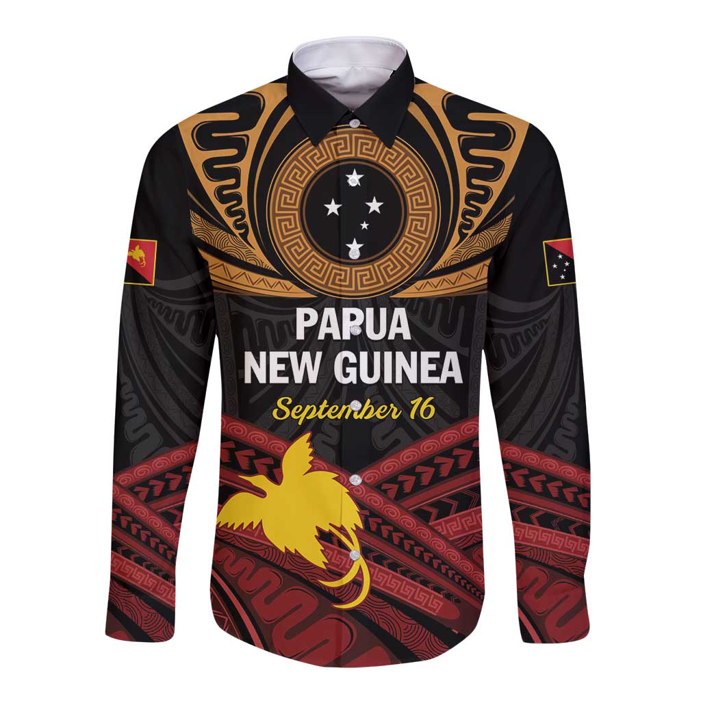 Papua New Guinea Bird of Paradise Long Sleeve Button Shirt 16 September 1975 Independence Day Anniversary LT01 Unisex Black - Polynesian Pride