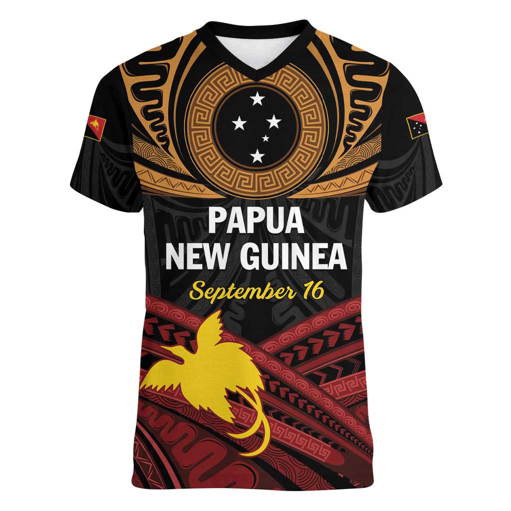 Papua New Guinea Bird of Paradise Women V-Neck T-Shirt 16 September 1975 Independence Day Anniversary LT01 Female Black - Polynesian Pride