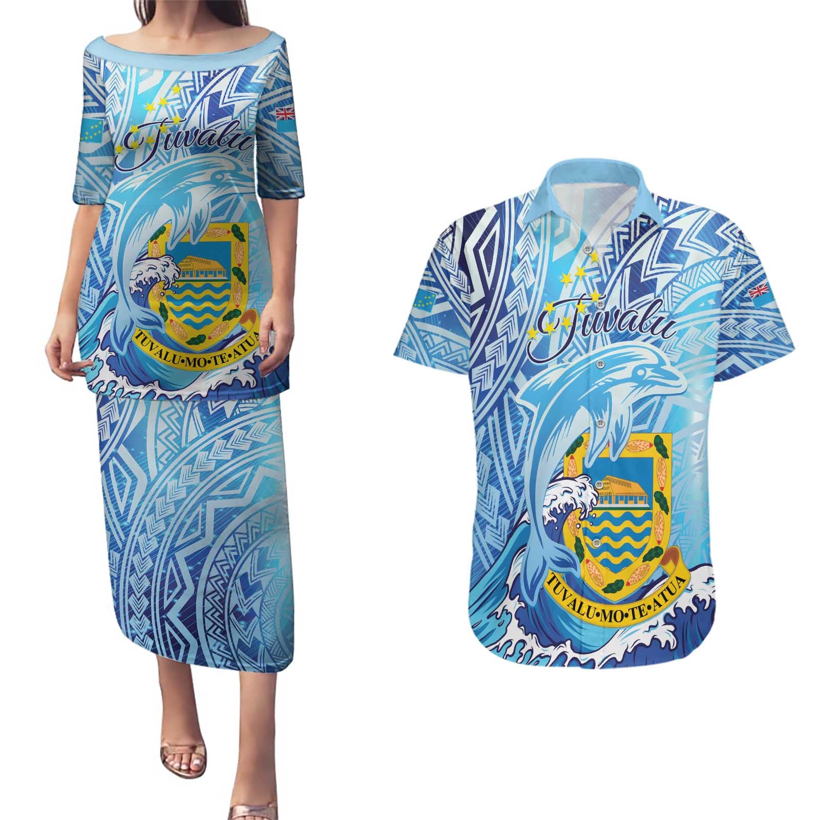 Tuvalu mo te Atua Couples Matching Puletasi and Hawaiian Shirt Tuvalu Dolphin Polynesian Pattern