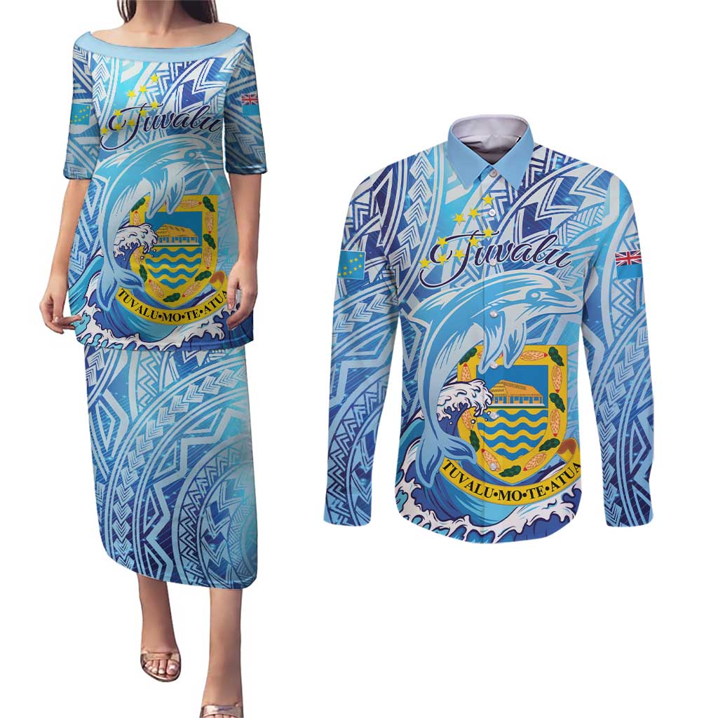 Tuvalu mo te Atua Couples Matching Puletasi and Long Sleeve Button Shirt Tuvalu Dolphin Polynesian Pattern