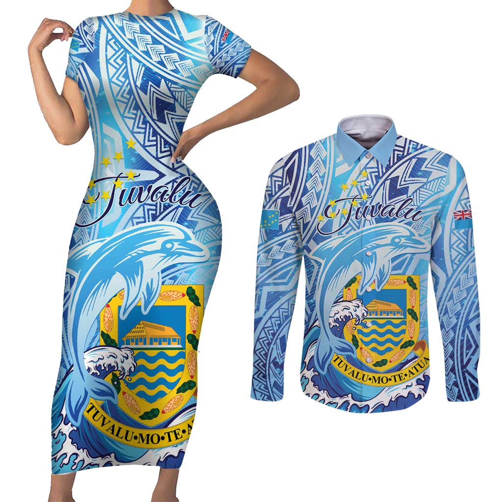 Tuvalu mo te Atua Couples Matching Short Sleeve Bodycon Dress and Long Sleeve Button Shirt Tuvalu Dolphin Polynesian Pattern