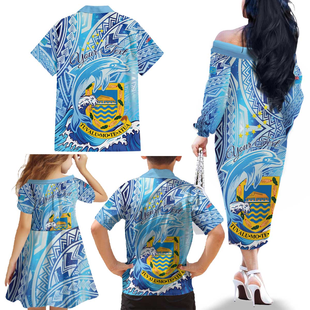 Tuvalu mo te Atua Family Matching Off The Shoulder Long Sleeve Dress and Hawaiian Shirt Tuvalu Dolphin Polynesian Pattern