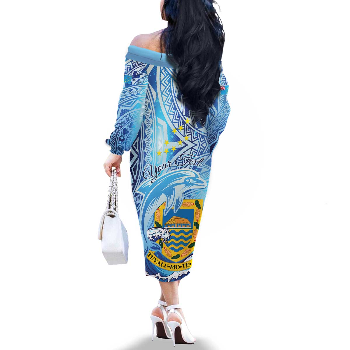 Tuvalu mo te Atua Family Matching Off The Shoulder Long Sleeve Dress and Hawaiian Shirt Tuvalu Dolphin Polynesian Pattern