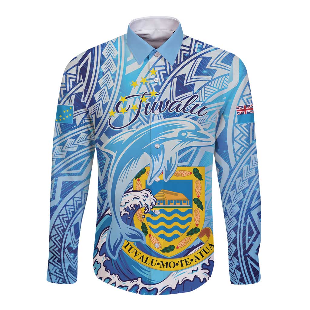 Tuvalu mo te Atua Long Sleeve Button Shirt Tuvalu Dolphin Polynesian Pattern LT01 Unisex Blue - Polynesian Pride