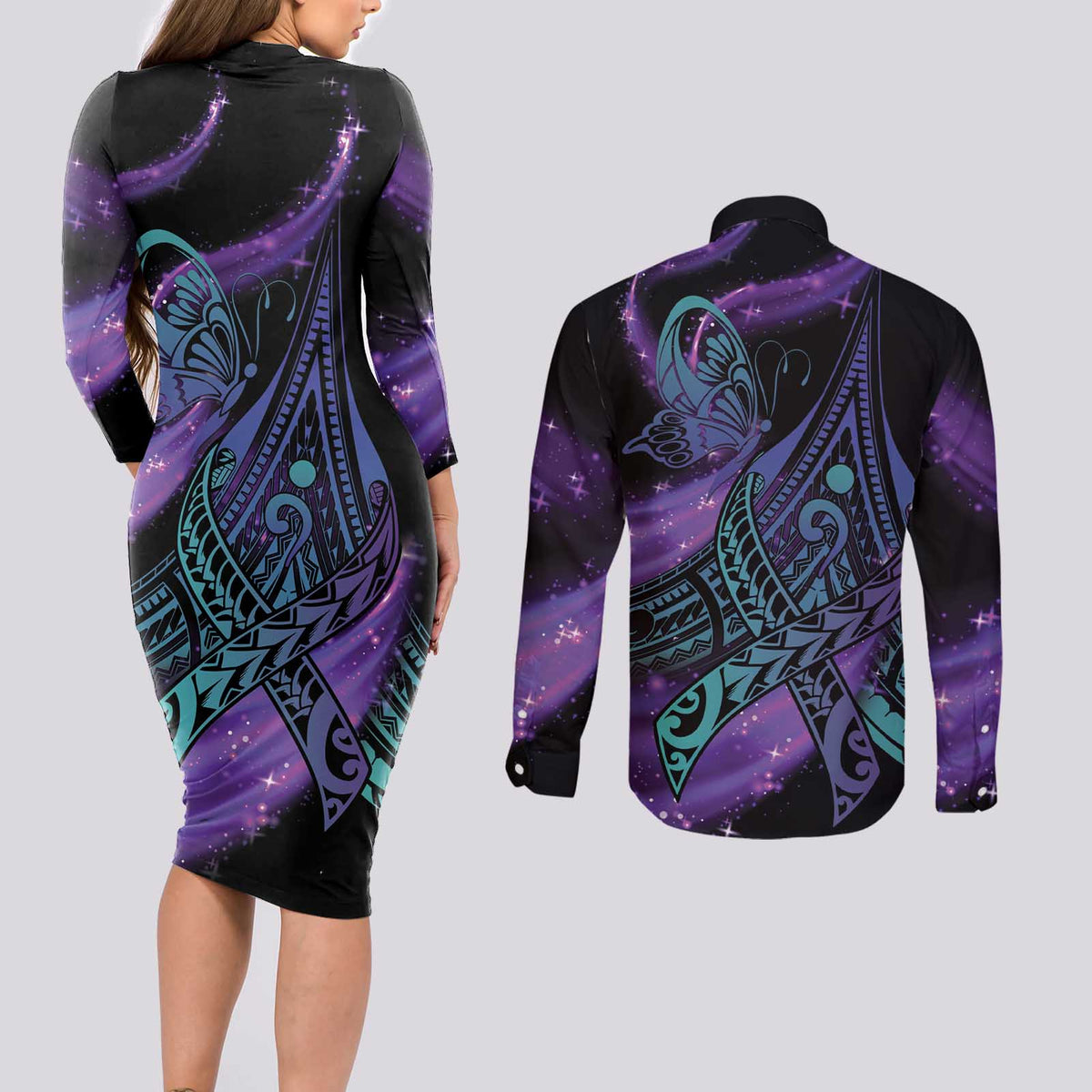 In September We Wear Teal And Purple Couples Matching Long Sleeve Bodycon Dress and Long Sleeve Button Shirt Magic Ribbon Semicolon