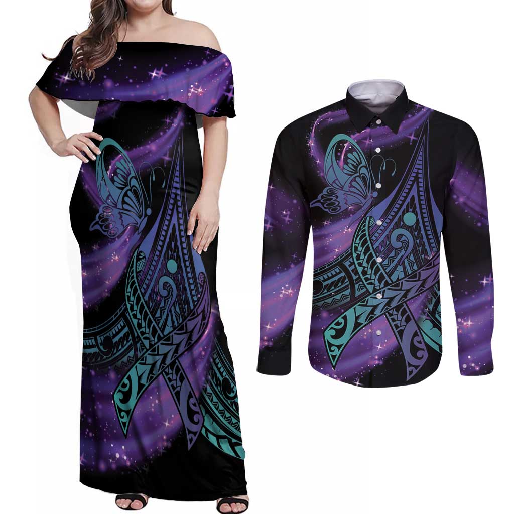 In September We Wear Teal And Purple Couples Matching Off Shoulder Maxi Dress and Long Sleeve Button Shirt Magic Ribbon Semicolon LT01 Purple - Polynesian Pride