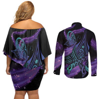 In September We Wear Teal And Purple Couples Matching Off Shoulder Short Dress and Long Sleeve Button Shirt Magic Ribbon Semicolon LT01 - Polynesian Pride
