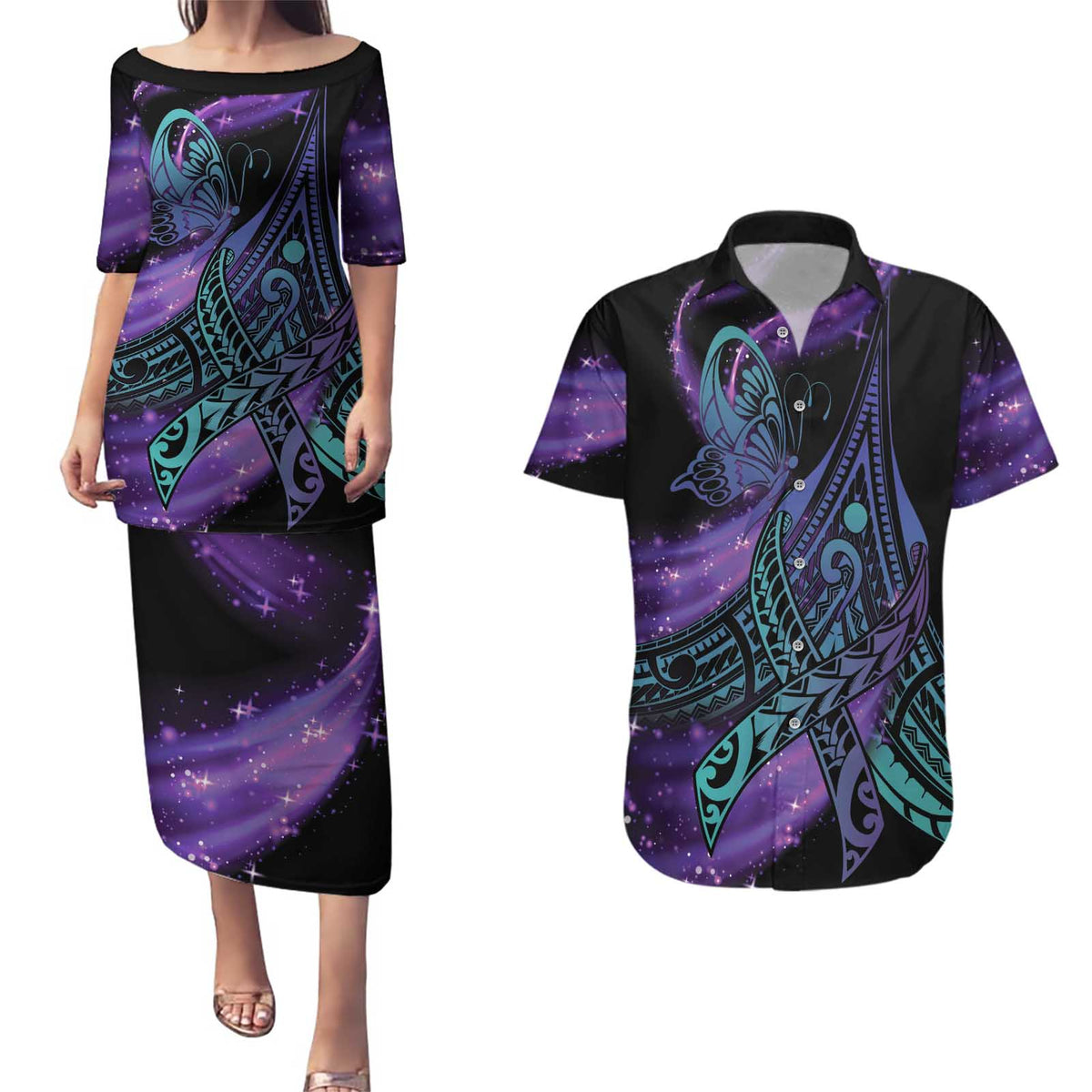 In September We Wear Teal And Purple Couples Matching Puletasi and Hawaiian Shirt Magic Ribbon Semicolon LT01 Purple - Polynesian Pride