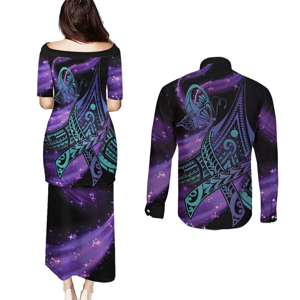 In September We Wear Teal And Purple Couples Matching Puletasi and Long Sleeve Button Shirt Magic Ribbon Semicolon LT01 - Polynesian Pride