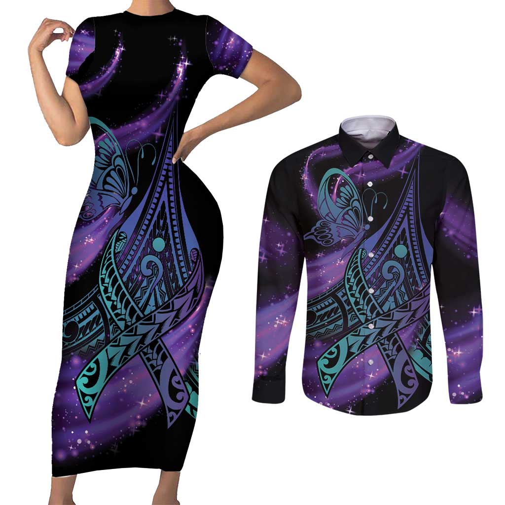 In September We Wear Teal And Purple Couples Matching Short Sleeve Bodycon Dress and Long Sleeve Button Shirt Magic Ribbon Semicolon LT01 Purple - Polynesian Pride