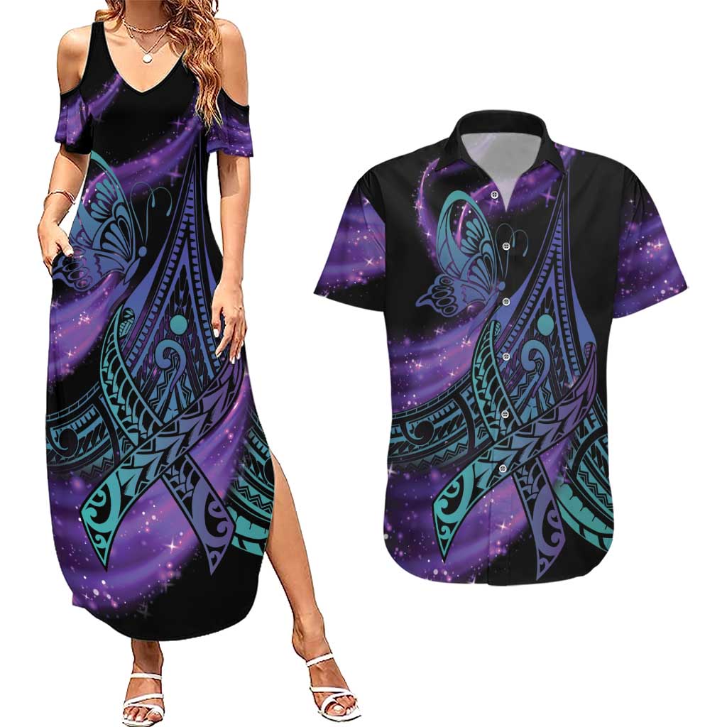In September We Wear Teal And Purple Couples Matching Summer Maxi Dress and Hawaiian Shirt Magic Ribbon Semicolon LT01 Purple - Polynesian Pride