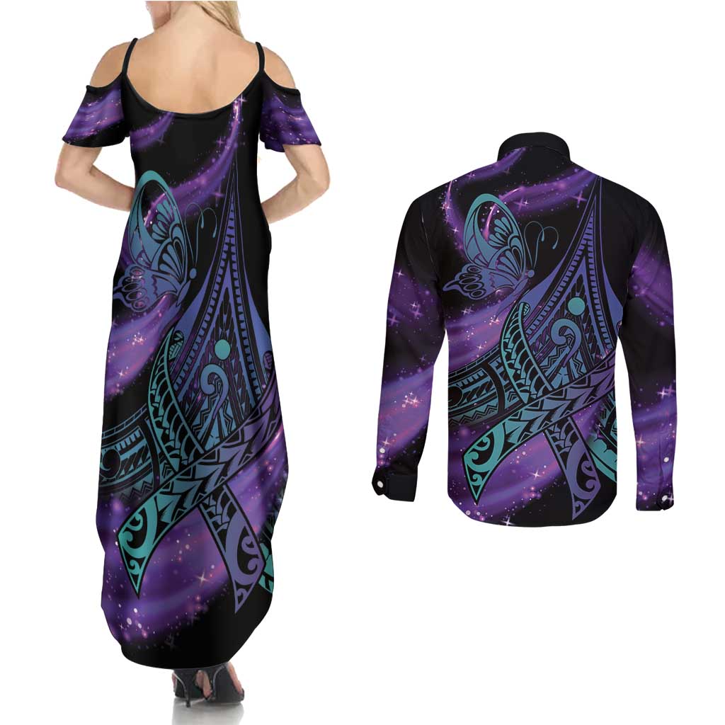 In September We Wear Teal And Purple Couples Matching Summer Maxi Dress and Long Sleeve Button Shirt Magic Ribbon Semicolon LT01 - Polynesian Pride