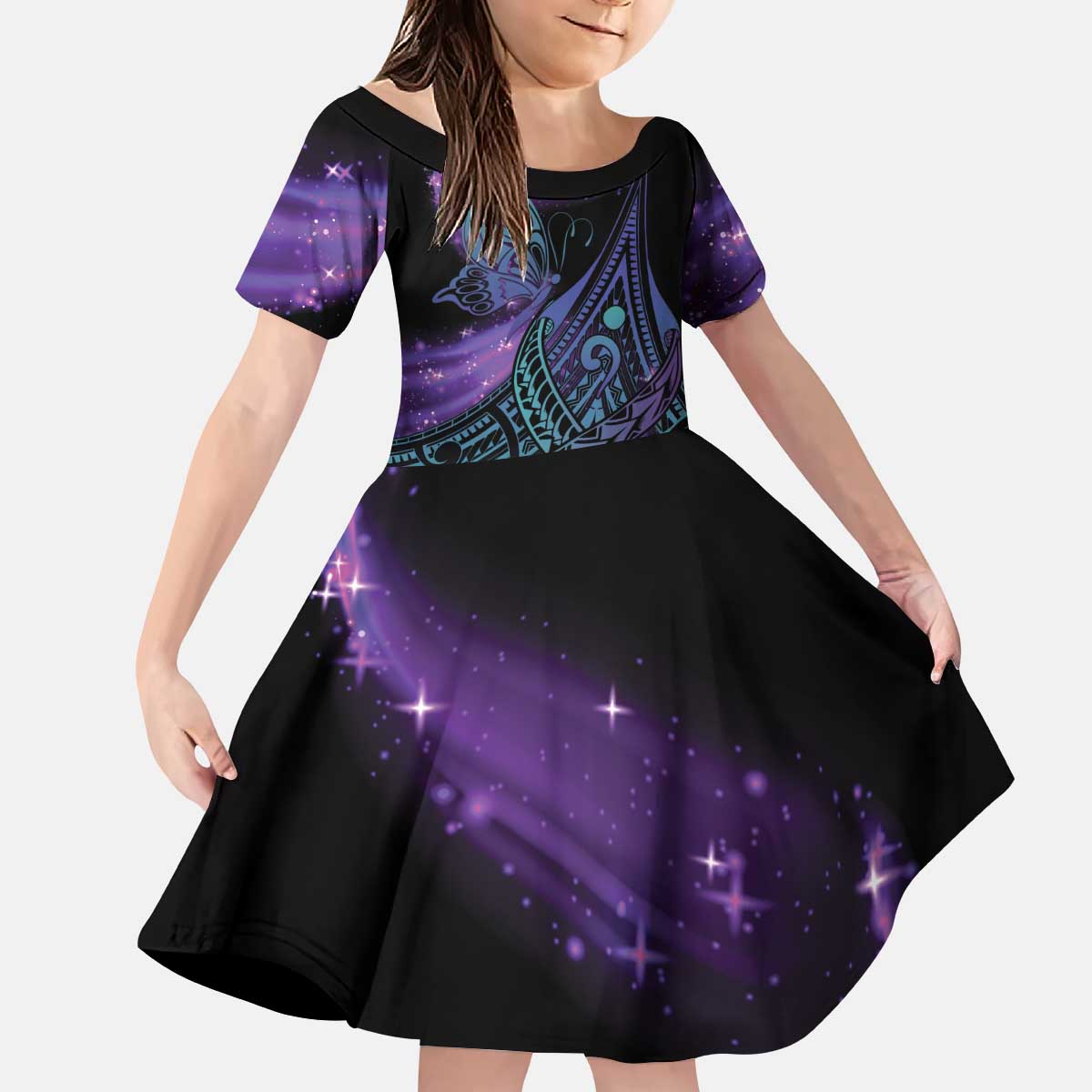 In September We Wear Teal And Purple Family Matching Puletasi and Hawaiian Shirt Magic Ribbon Semicolon LT01 Daughter's Dress Purple - Polynesian Pride