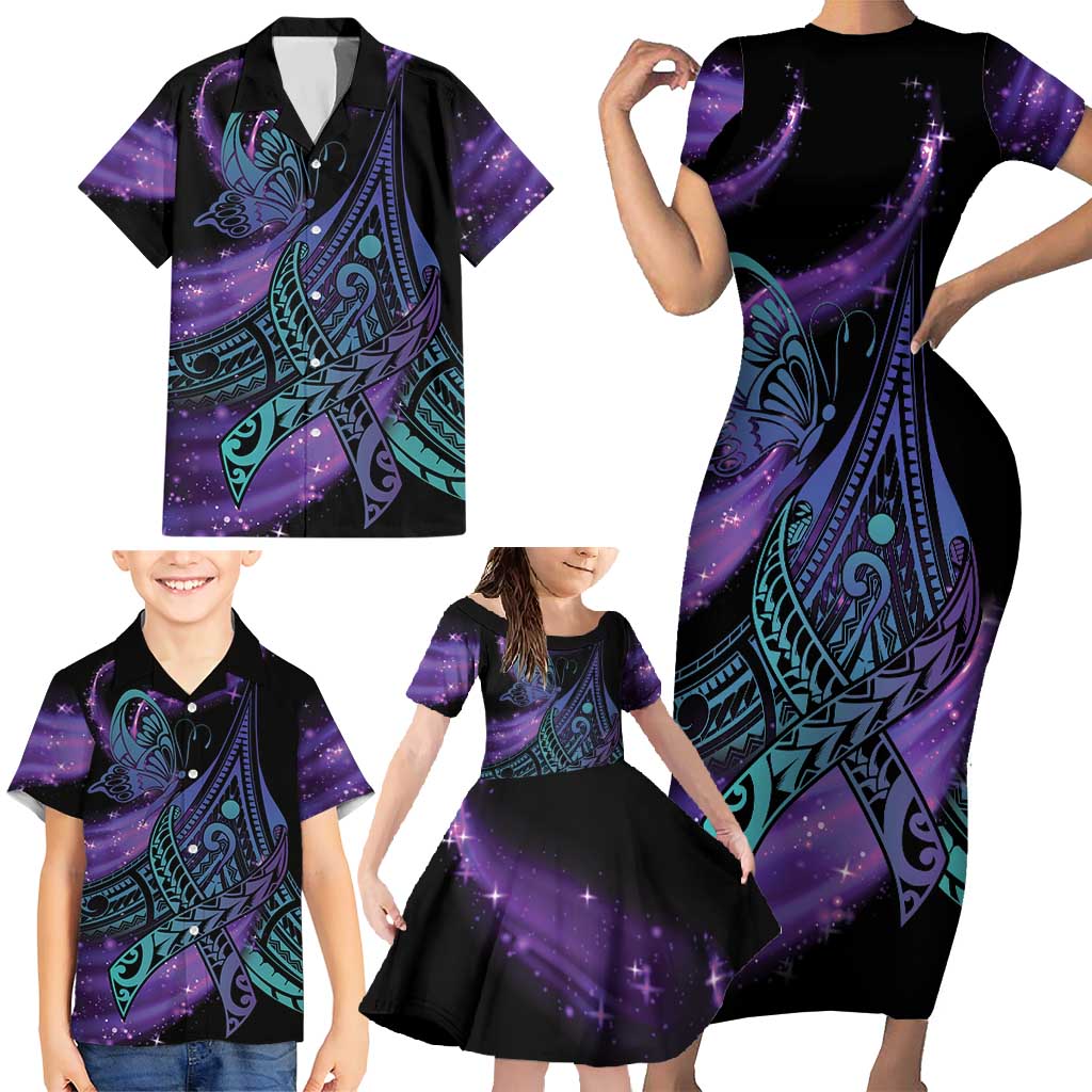 In September We Wear Teal And Purple Family Matching Short Sleeve Bodycon Dress and Hawaiian Shirt Magic Ribbon Semicolon LT01 - Polynesian Pride