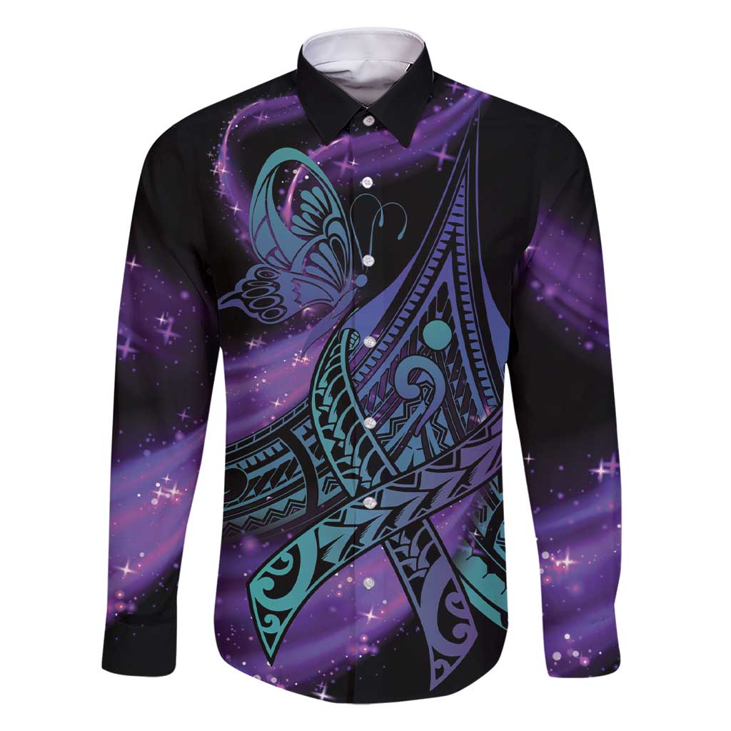 In September We Wear Teal And Purple Family Matching Short Sleeve Bodycon Dress and Hawaiian Shirt Magic Ribbon Semicolon LT01 Dad's Shirt - Long Sleeve Purple - Polynesian Pride