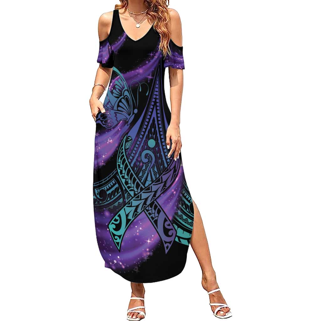 In September We Wear Teal And Purple Family Matching Summer Maxi Dress and Hawaiian Shirt Magic Ribbon Semicolon LT01 Mom's Dress Purple - Polynesian Pride
