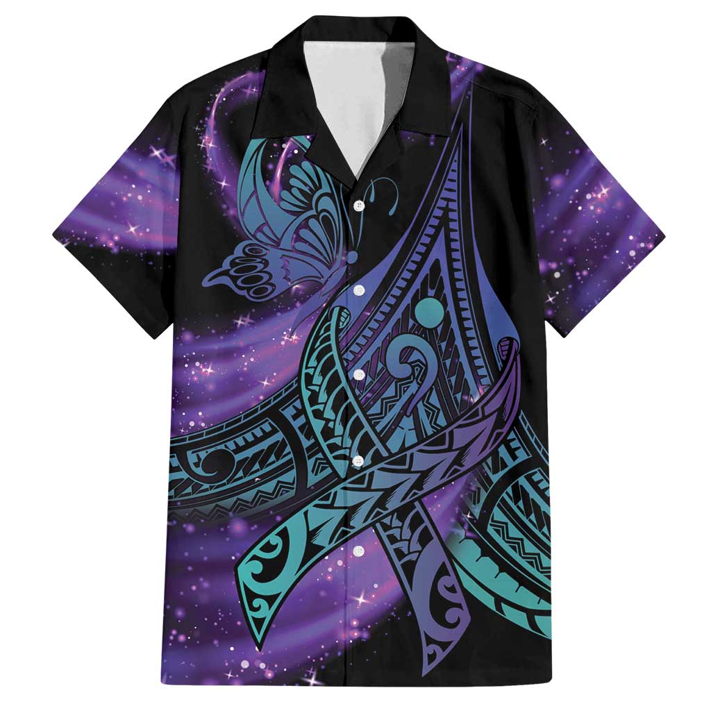 In September We Wear Teal And Purple Family Matching Tank Maxi Dress and Hawaiian Shirt Magic Ribbon Semicolon LT01 Dad's Shirt - Short Sleeve Purple - Polynesian Pride