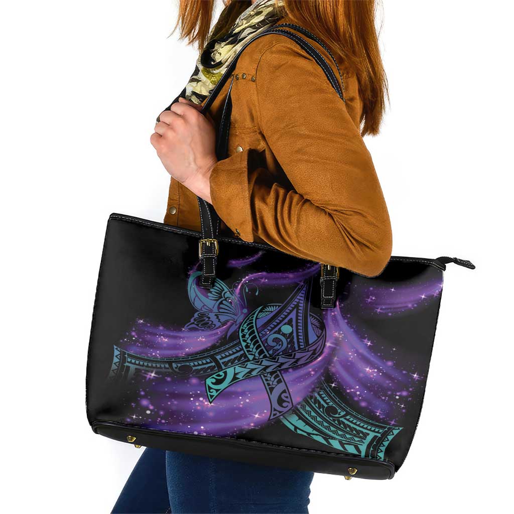 In September We Wear Teal And Purple Leather Tote Bag Magic Ribbon Semicolon LT01 Purple - Polynesian Pride