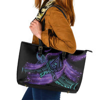 In September We Wear Teal And Purple Leather Tote Bag Magic Ribbon Semicolon LT01 Purple - Polynesian Pride