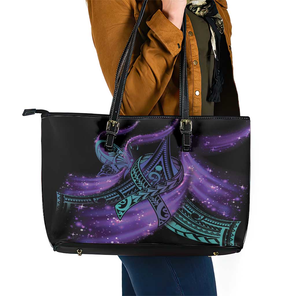 In September We Wear Teal And Purple Leather Tote Bag Magic Ribbon Semicolon LT01 - Polynesian Pride