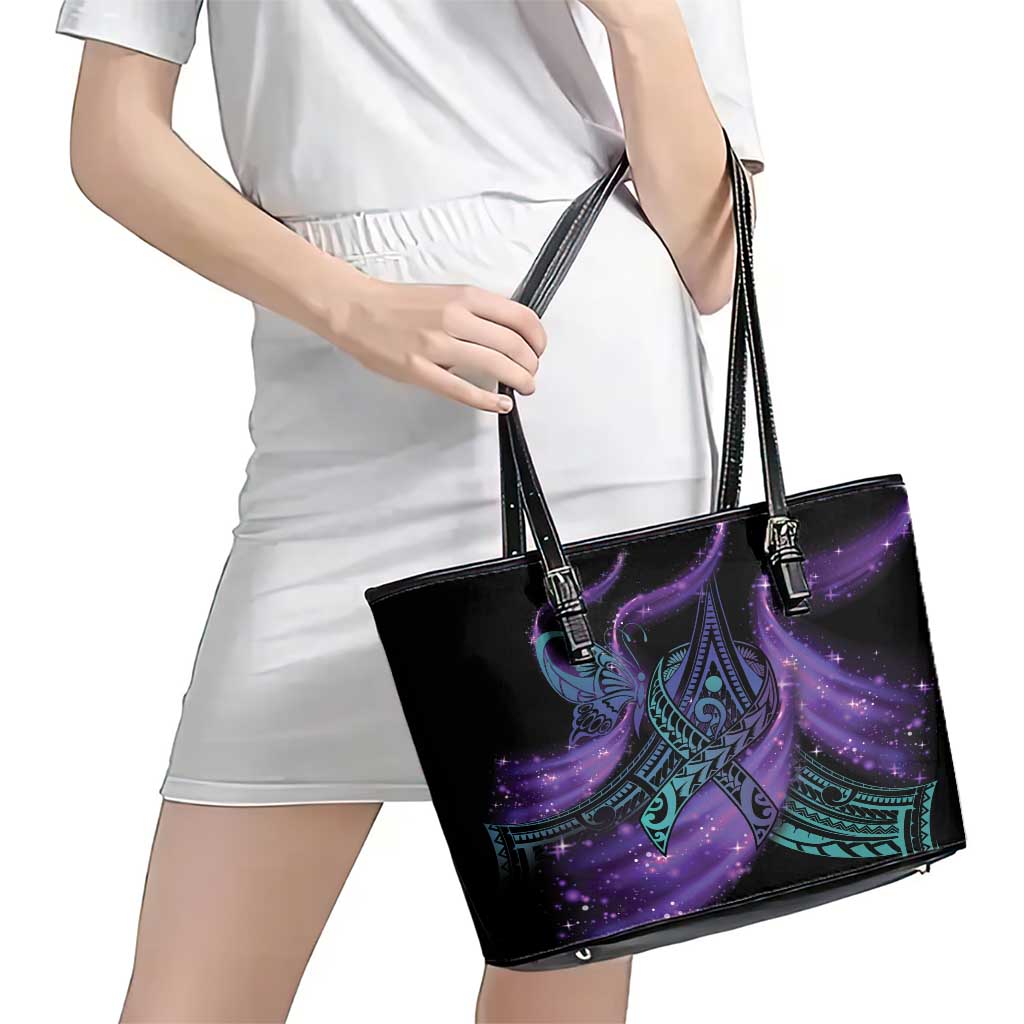 In September We Wear Teal And Purple Leather Tote Bag Magic Ribbon Semicolon LT01 - Polynesian Pride