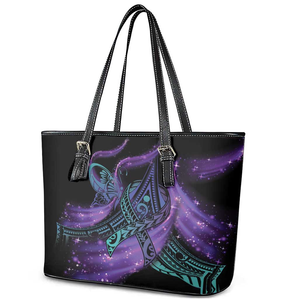 In September We Wear Teal And Purple Leather Tote Bag Magic Ribbon Semicolon LT01 - Polynesian Pride