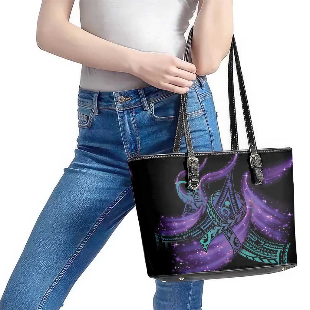 In September We Wear Teal And Purple Leather Tote Bag Magic Ribbon Semicolon LT01 - Polynesian Pride