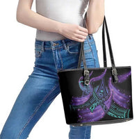 In September We Wear Teal And Purple Leather Tote Bag Magic Ribbon Semicolon LT01 - Polynesian Pride