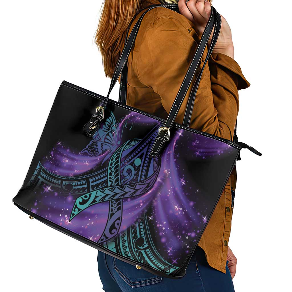 In September We Wear Teal And Purple Leather Tote Bag Magic Ribbon Semicolon LT01 - Polynesian Pride