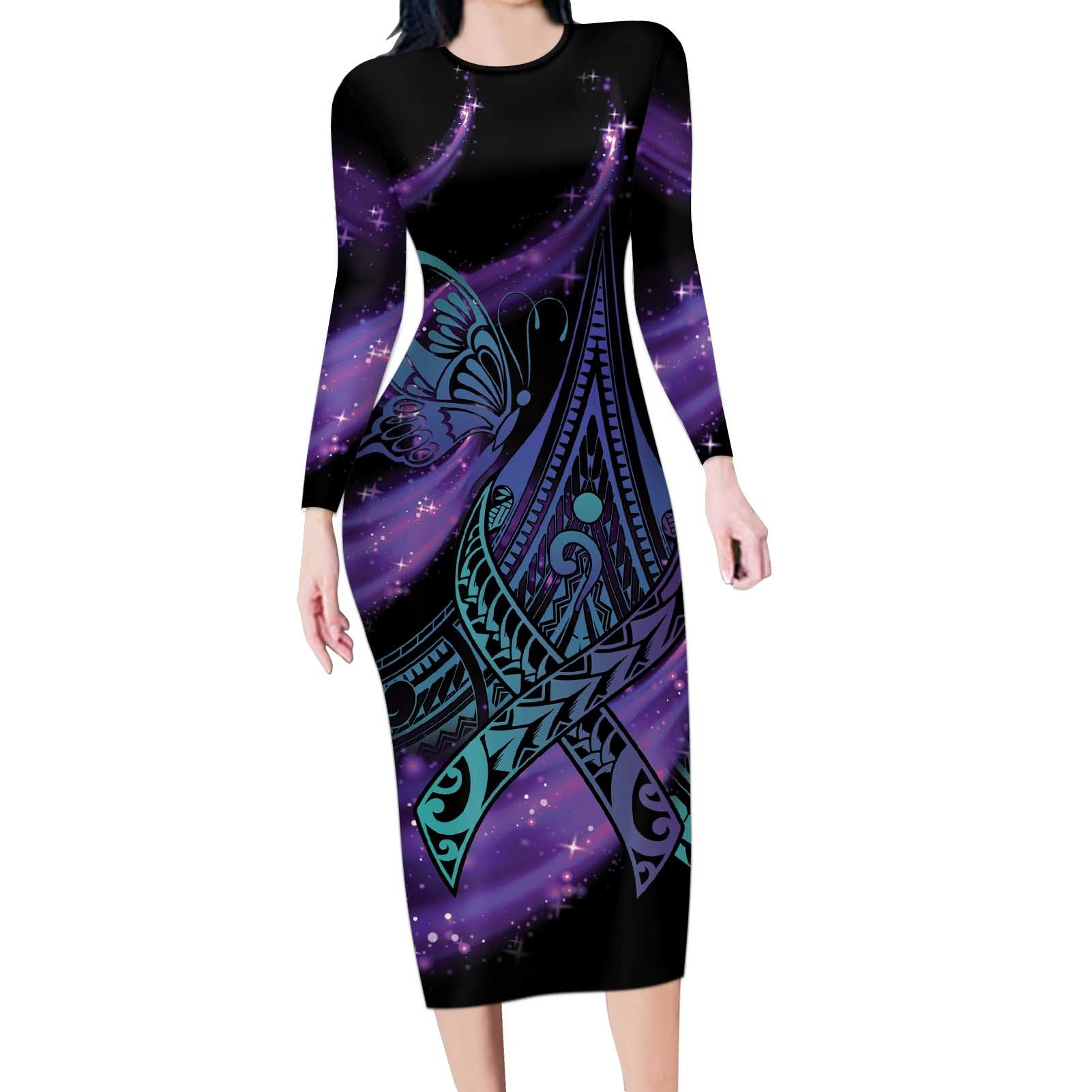In September We Wear Teal And Purple Long Sleeve Bodycon Dress Magic Ribbon Semicolon