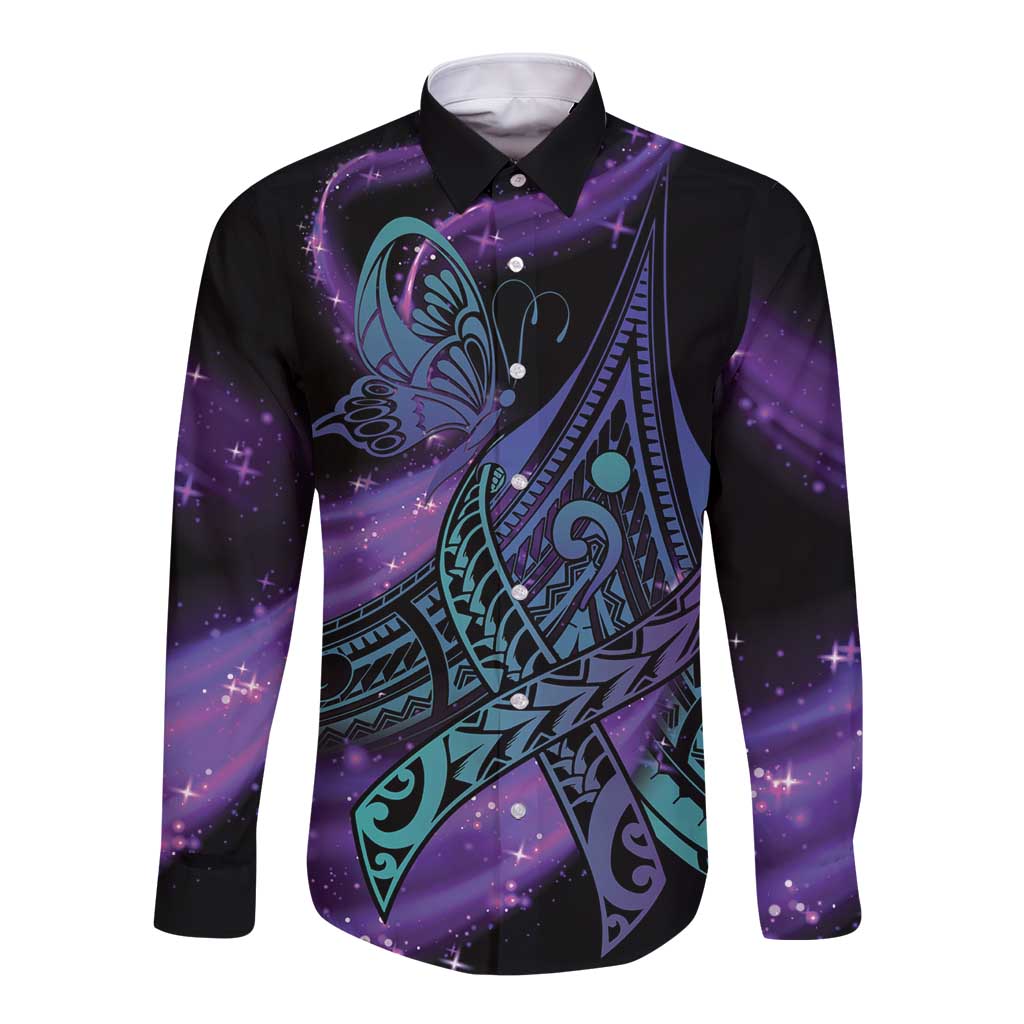 In September We Wear Teal And Purple Long Sleeve Button Shirt Magic Ribbon Semicolon LT01 Unisex Purple - Polynesian Pride