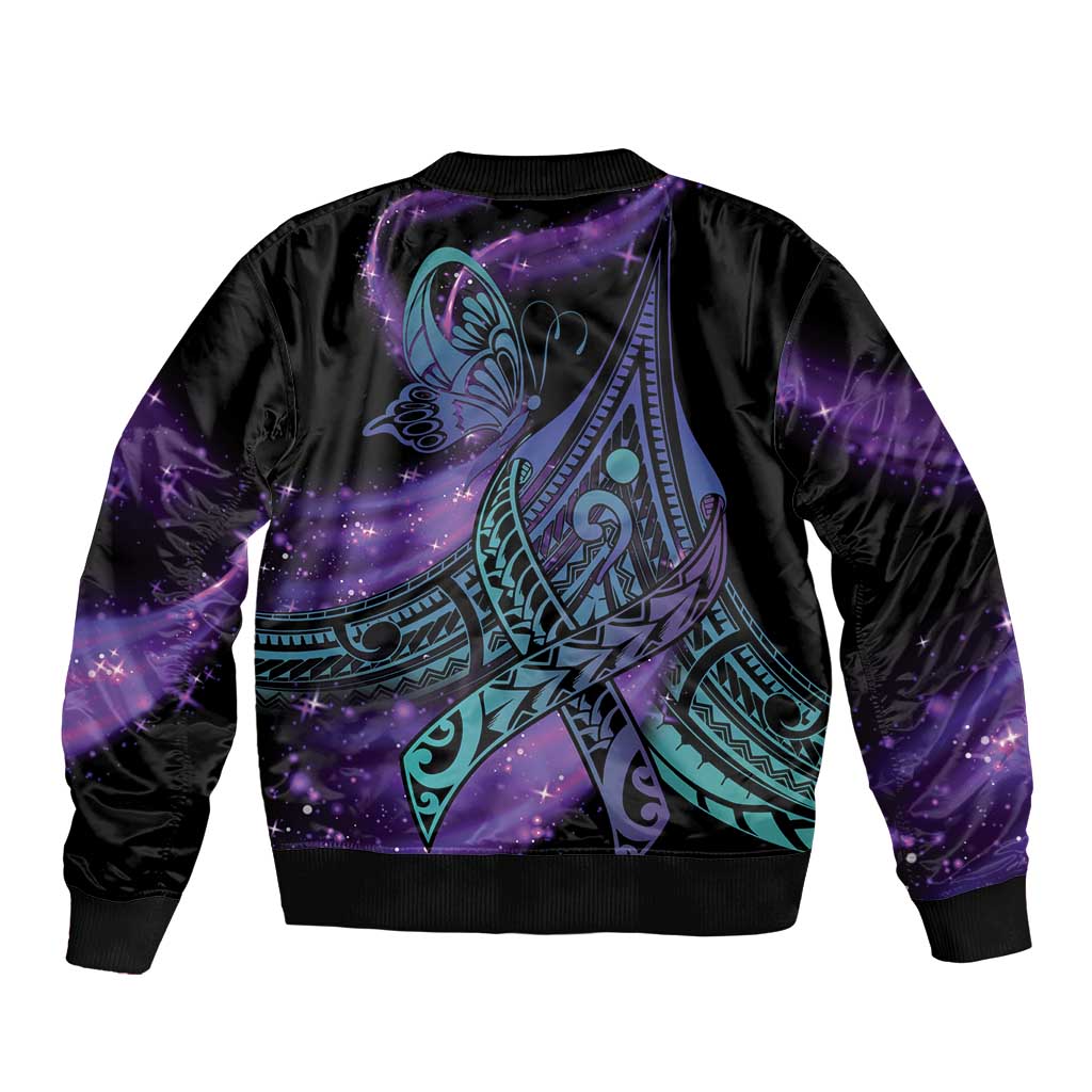 In September We Wear Teal And Purple Sleeve Zip Bomber Jacket Magic Ribbon Semicolon