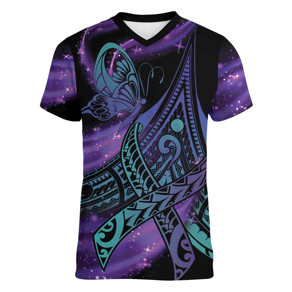 In September We Wear Teal And Purple Women V-Neck T-Shirt Magic Ribbon Semicolon LT01 Female Purple - Polynesian Pride
