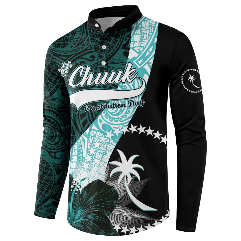 Chuuk Constitution Day Button Sweatshirt Hibiscus Turquoise Pattern