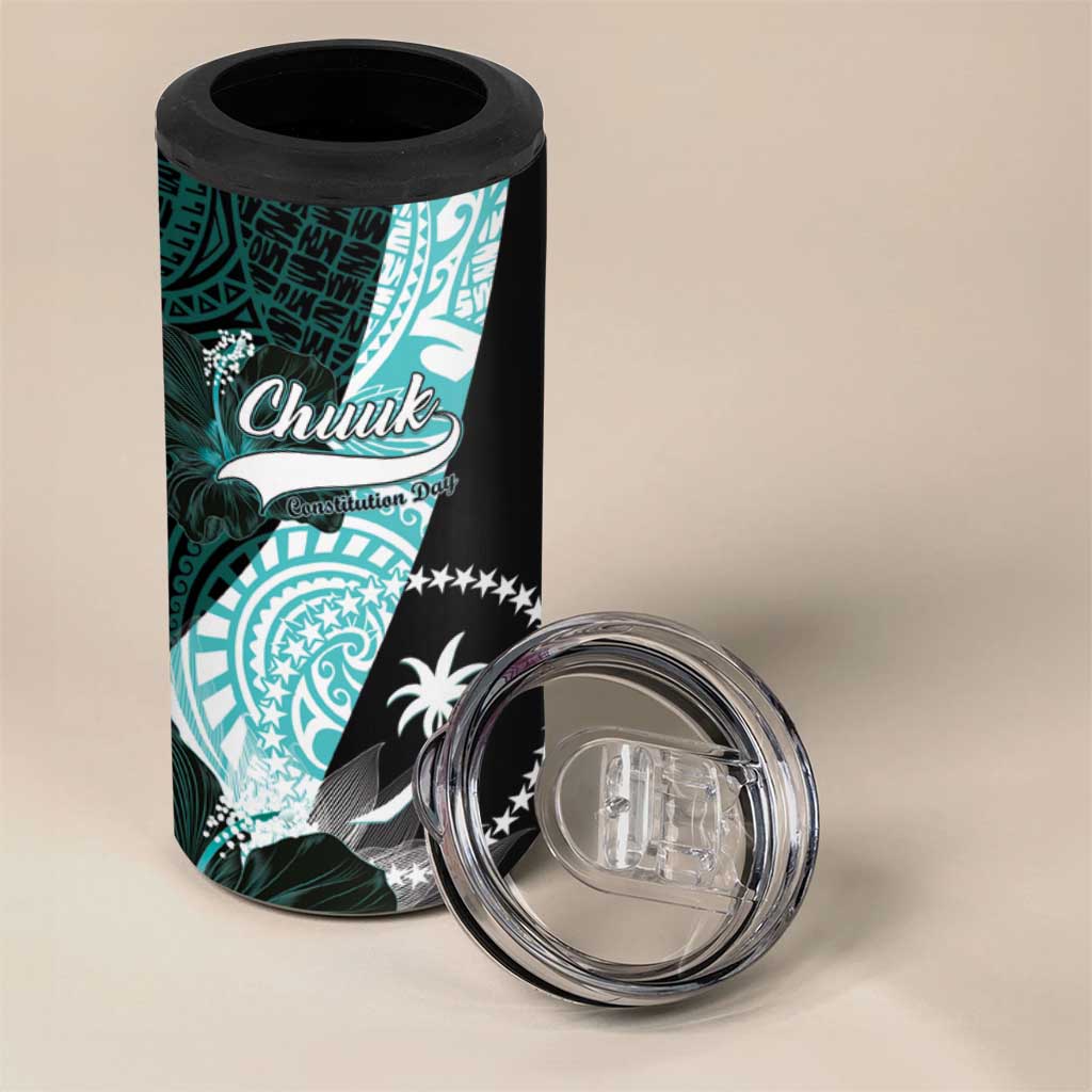Chuuk Constitution Day 4 in 1 Can Cooler Tumbler Hibiscus Turquoise Pattern LT01 - Polynesian Pride