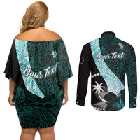 Chuuk Constitution Day Couples Matching Off Shoulder Short Dress and Long Sleeve Button Shirt Hibiscus Turquoise Pattern