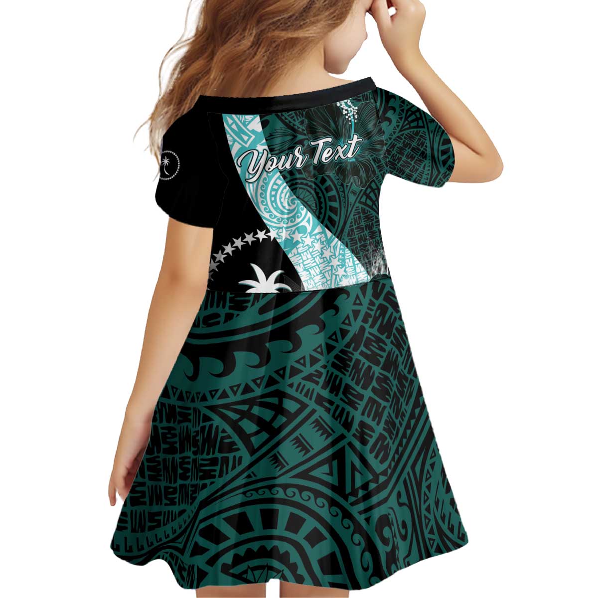 Chuuk Constitution Day Kid Short Sleeve Dress Hibiscus Turquoise Pattern